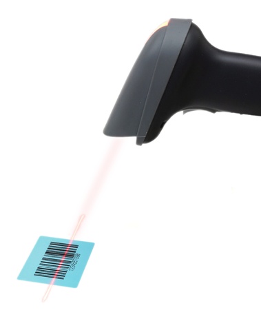 scanner scans bar code with laserの写真素材