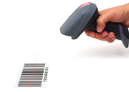 woman hold scanner and scan barcode with laserの写真素材
