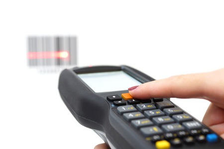 woman hold scanner and scans barcode with laser