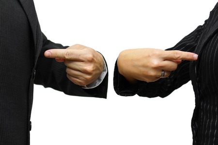 man and woman pointing to itselfの写真素材