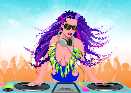 Illustration of a female DJ (DJane) and musical artist playing some records in front of huge audienceのイラスト素材