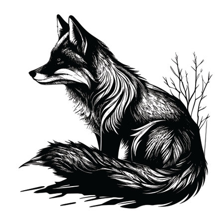 Black and white vector illustration of a fox sitting on the ground.