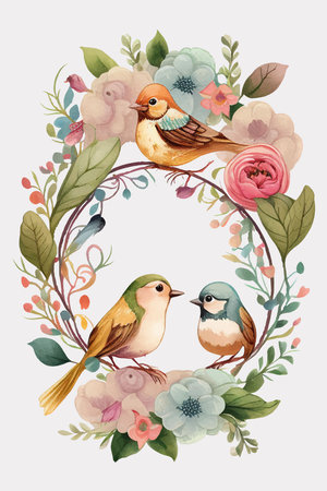 Watercolor floral wreath with birds and flowers. Vector illustration.のイラスト素材