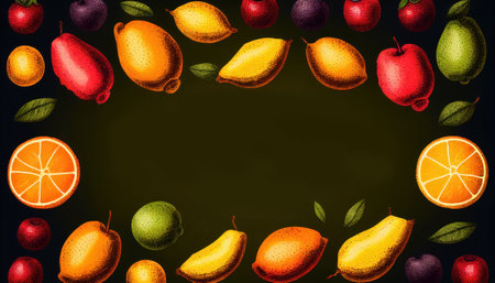 Fruits and berries frame on blackboard background. illustration.の素材