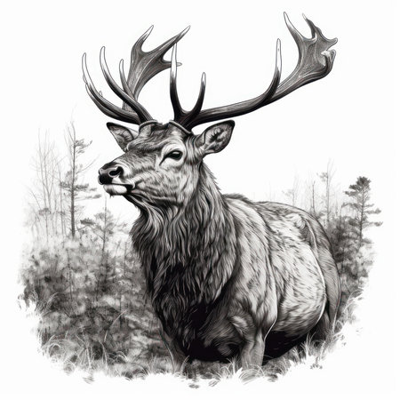 Portrait of a deer in the forest. Hand drawn illustration.の素材