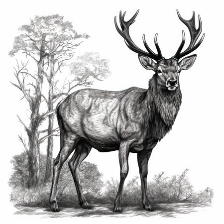 Portrait of a deer in the forest. Hand-drawn illustration.の素材