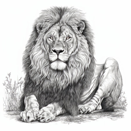 Lion sitting on the grass, sketch vector graphics monochrome illustrationの素材
