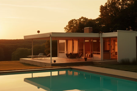 Luxury house exterior with swimming pool at sunset. Nobody insideの素材