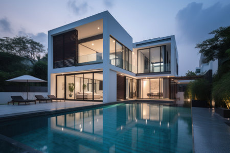 Luxury modern house with swimming pool at night. Nobody insideの素材