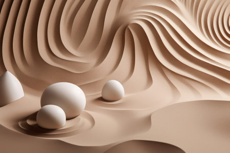 3D rendering of white eggs on the background of the brown wavesの素材