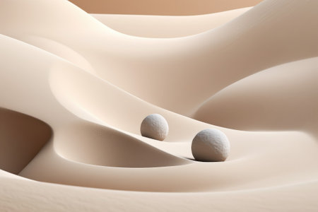 Abstract 3D rendering of white background with waves and balls in it.の素材