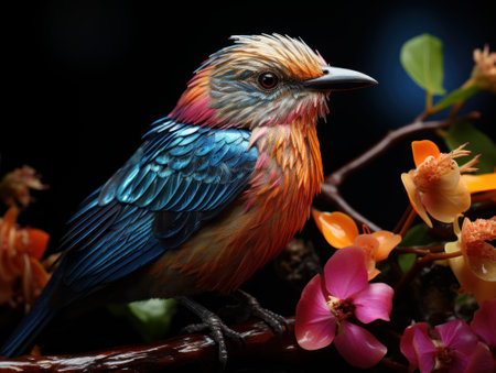 Colorful bird on a branch with orchids in the backgroundの素材