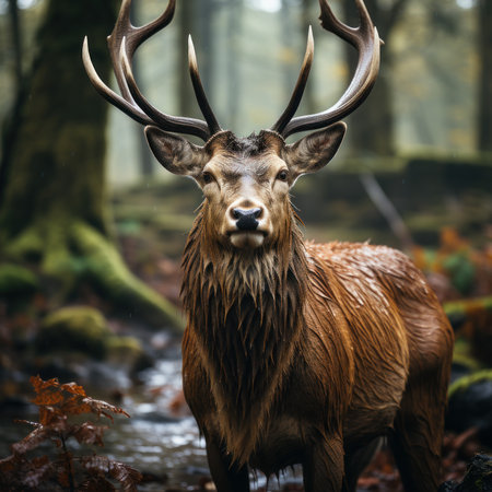 Portrait of a red deer with antlers in the forest.の素材