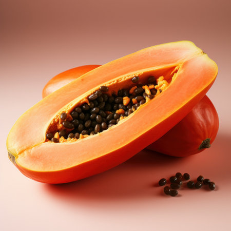 Papaya fruit with seeds on a pink background, healthy foodの素材