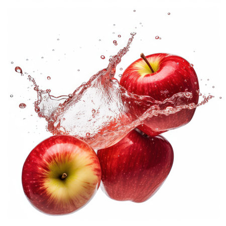 Red apples falling into water with splash, isolated on white background.の素材
