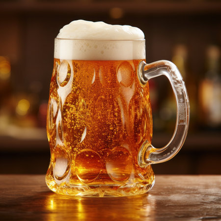 Mug of beer on wooden table in pub. Close-upの素材