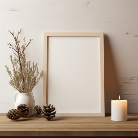 Mock up poster frame, pine cones, dried flowers in vase and candle on wooden table over white wall. 3d renderの素材