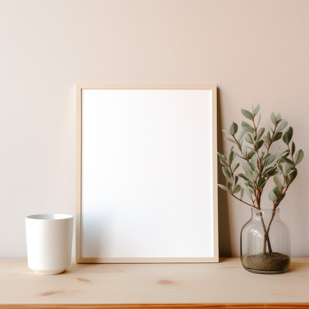 Mock up poster frame with eucalyptus branch in vase on wooden tableの素材