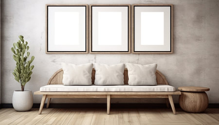Modern living room with three empty frames on the wall, 3d renderingの素材