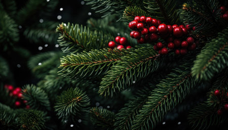 Christmas tree branches with red berries and snowflakes on dark backgroundの素材