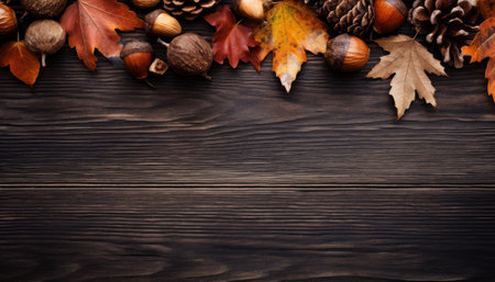 Autumn background with leaves, acorns and pine cones on wooden boardの素材