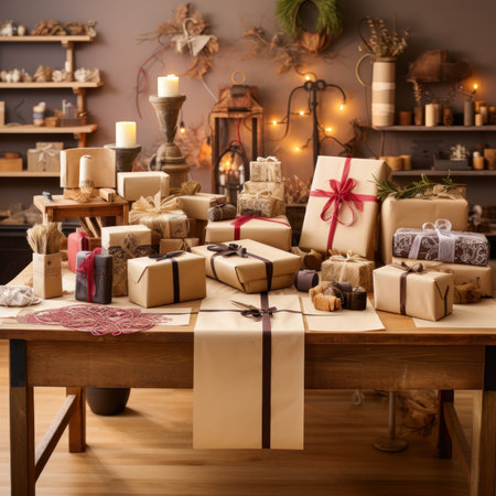 Christmas presents on wooden table in cozy room with candles and garlandの素材