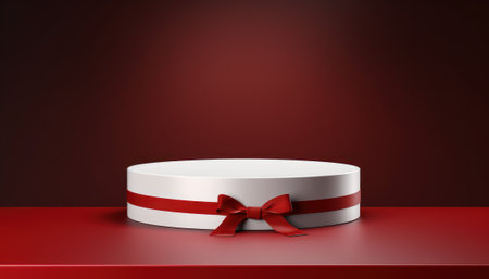 White podium with red ribbon and bow on red background. 3d renderの素材