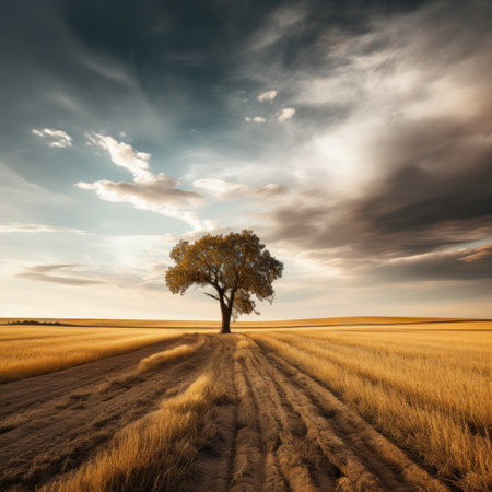 Lonely tree in the field at sunset. Nature composition.の素材