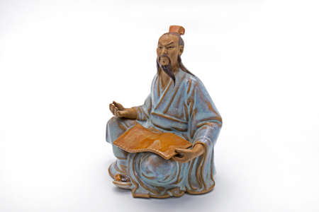 Chinese Old Man Thoughtful Statue Isolated on White Backgroundの写真素材