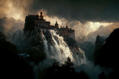 A dark fantasy painting of a castle on top of a mountain above a waterfall.の写真素材