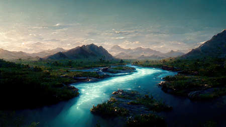 Digital painting of high angle view of a stream with mountains in the background.の写真素材