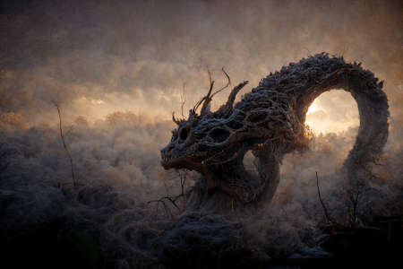 3D illustration of a cursed dragon turned into a tree.の写真素材