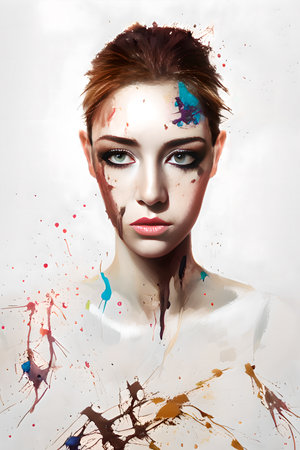 Digital painting of a beautiful woman combined with splatter paint style.の写真素材