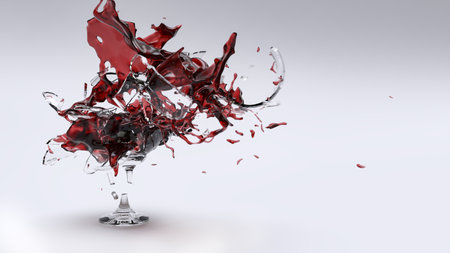 3D render of the wine glass shattered with the red wine splattered. 3D illustration of a glass of red wine shattered on a white background.の写真素材