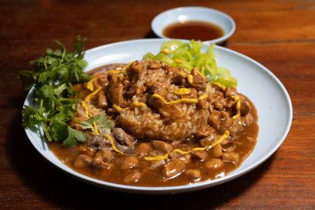 Chicken in brown gravy served with jasmine rice. Close-up of chicken in brown gravy over rice.の写真素材