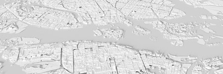 3D render map of Stockholm cityscape. 3D illustration of an aerial view of Stockholm, Sweden.の写真素材