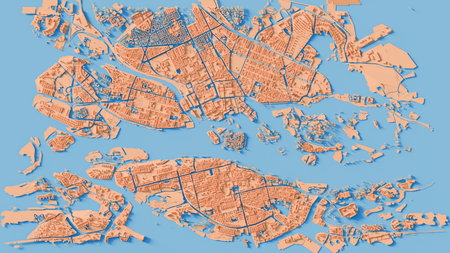 3D render color map of Stockholm cityscape. 3D illustration of a top view of Stockholm, Sweden.