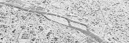 3D render map of Paris cityscape. 3D illustration of an aerial view of Paris, France.