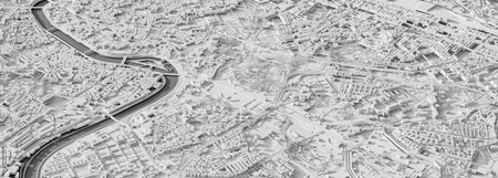 3D render map of Rome cityscape. 3D illustration of an aerial view of Rome, Italy.