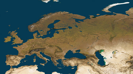 3D illustration of a highly detailed map of Europe. Satellite view. Improved lighting and shadows. Elements of this image furnished by NASA.の写真素材