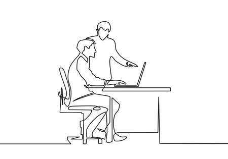 Continuous line drawing of two businessmen discuss their strategies with computer in the office. Talk and discuss something. Business meeting in office isolated on white background.のイラスト素材
