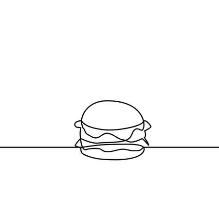 Continuous line drawing of burger. restaurant or cafe icon. sticker for companies selling fast food. illustration burger isolated on white backgroundのイラスト素材