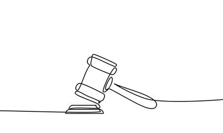 Continuous line drawing of hammer judge on Black and white background.のイラスト素材