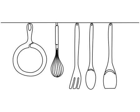 Continuous one line drawing. Fork, spoons, knife plates and all eating and cooking utensils, can be used for restaurant logos, cakes, business cards, banners and others. Vector illustrationのイラスト素材