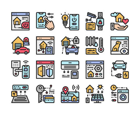 Smart home color line icons set. Internet of things technology of home automation system. Protection house infrastructureSign for web page, mobile app. Vector clipart, template, illustration. Editable stroke.のイラスト素材