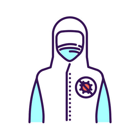 Doctor or worker in medical protective suit color line icon. Coronavirus pandemic COVID-19. Protect from viruses. Pictogram for web page, mobile app, promo. UI UX GUI design element.のイラスト素材
