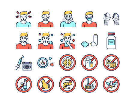 Allergy and symptoms line color icons set. Food intolerance, poisoning. Dermatological, infectious disease. Isolated vector element. Outline pictograms for web page, mobile app, promo.のイラスト素材