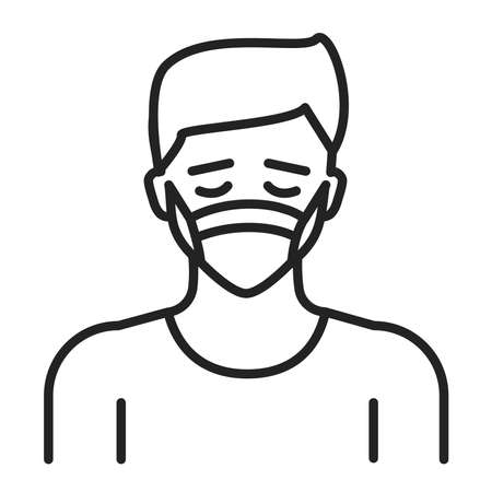 Man in breathing medical respiratory mask black line icon. Allergy. Flu, virus, epidemic prevention. Pictogram for web page, mobile app, promo.のイラスト素材