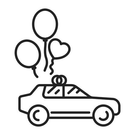 Just married car black line icon. Auto with balloons. Isolated vector element. Outline pictogram for web page, mobile app, promo.の写真素材