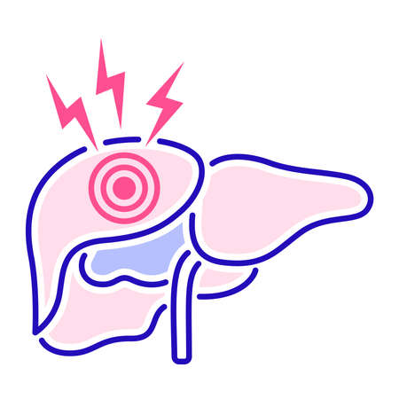 Ache liver color line icon. Disease of the human internal organ. Health problem. Sign for web page, mobile app, banner.のイラスト素材